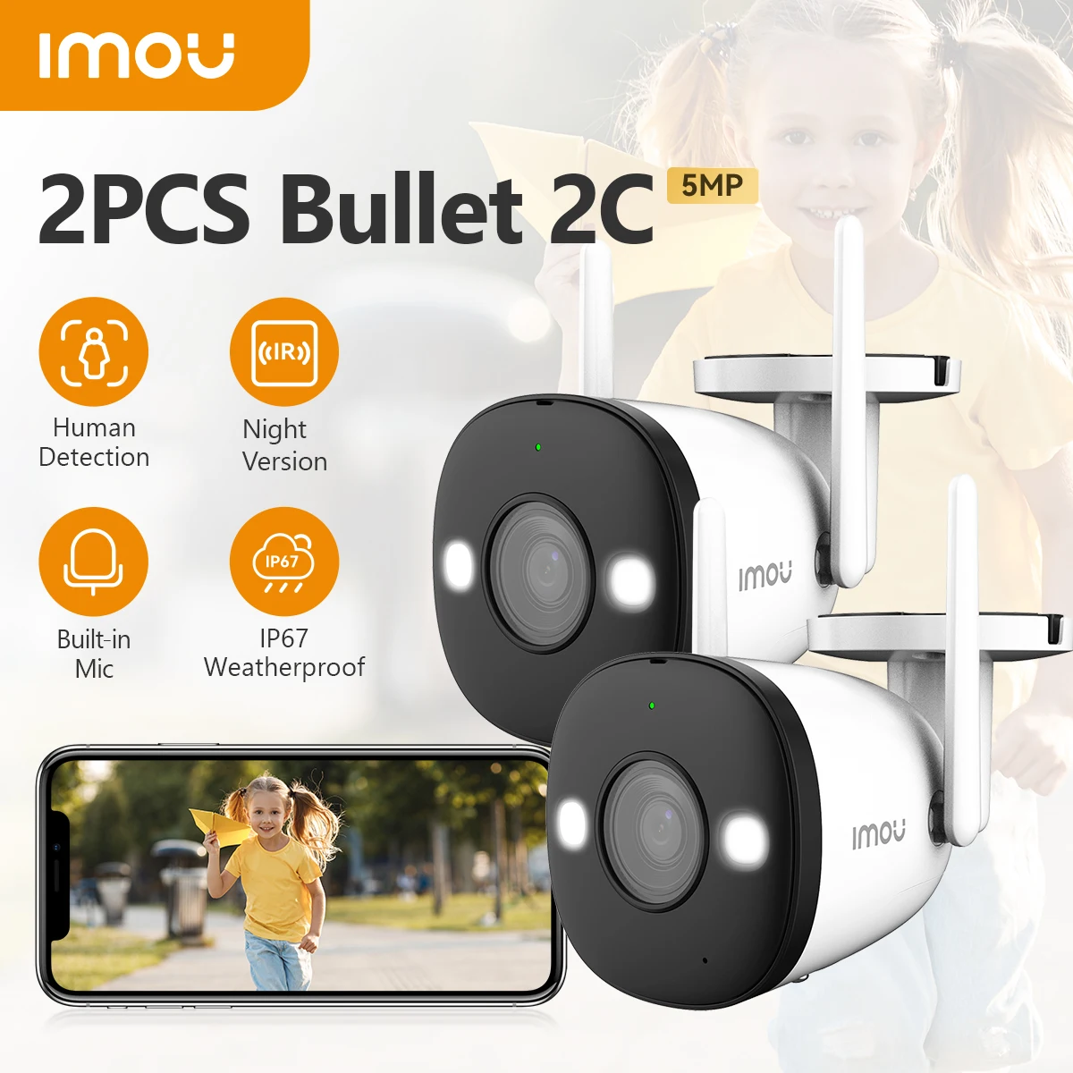 

IMOU 2 шт. Bullet 2C 4MP Wi-Fi двойная антенна наружное ночное видение IP67 всепогодная аудиозапись AI Обнаружение человека IPC-F22P