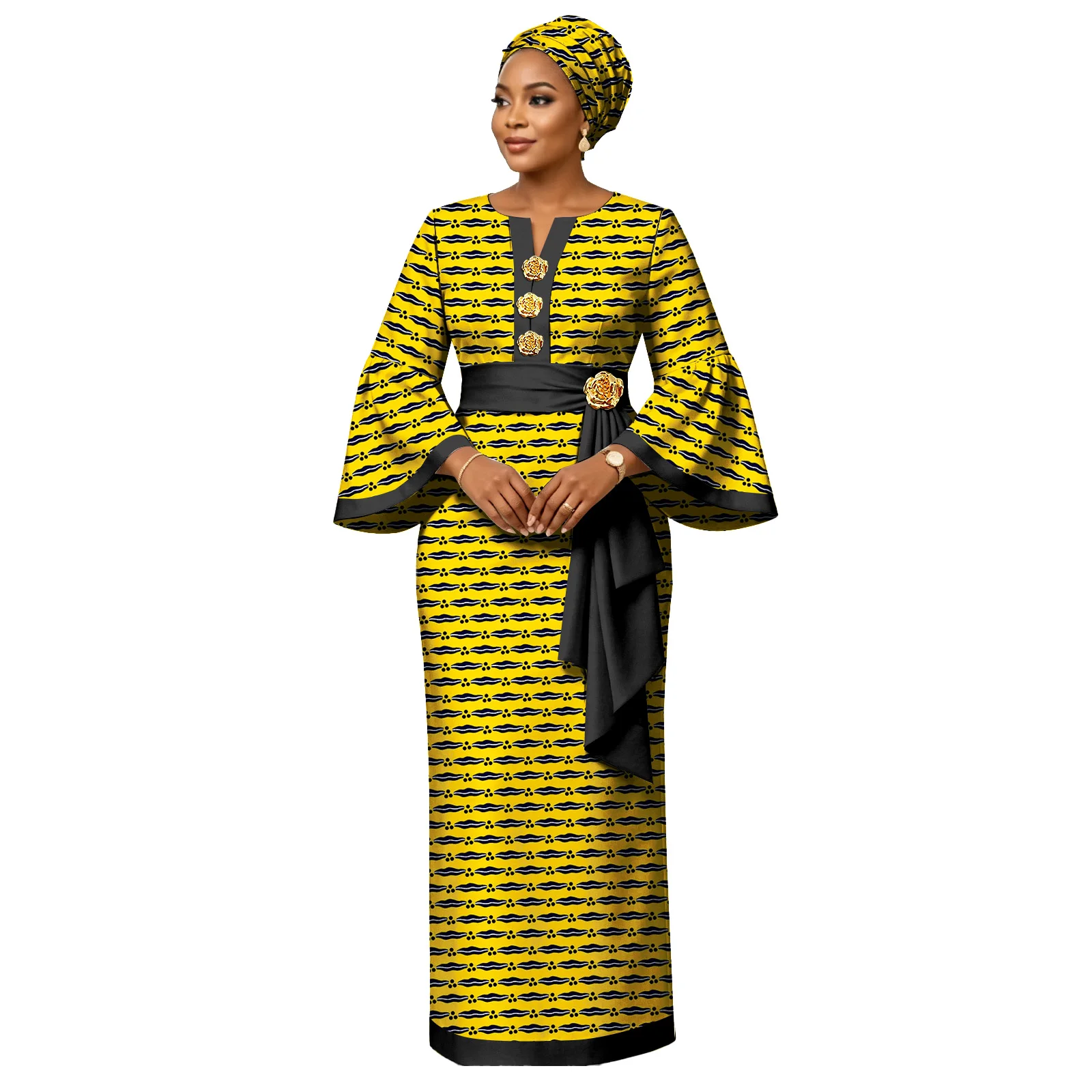 Women African Dress Set, Ankara Print Flare Sleeve Gown with Matching Headwrap, Dashiki Floral Button Attire - view 2