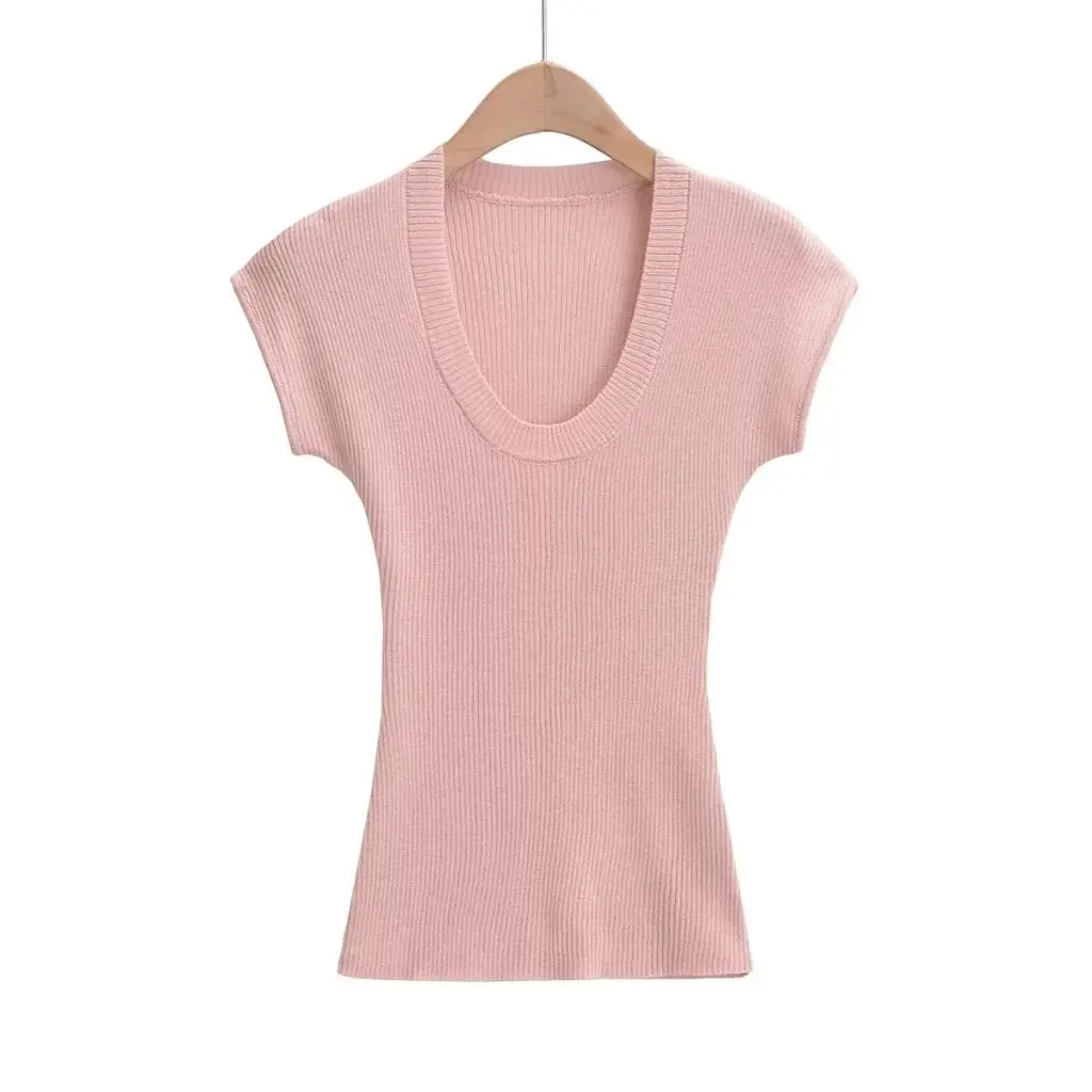 

Women's Slim-fit Knitted T-shirt Summer U-collar Solid Color Stretch Short-sleeved American INS Wholesale