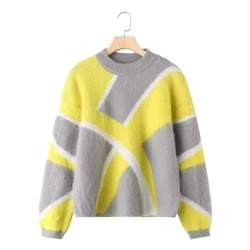 Round Neck Pullover Y2k Spliced Women's Winter Sweater Knitwear Wool Outerwear Hearling Luxury Cashmere Sweater Korean