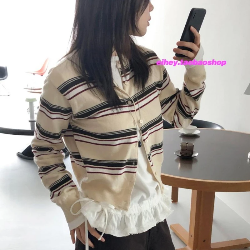 

Однобортный повседневный кардиган с круглым вырезом и длинными рукавами, женский весенний сезон 202, новые корейские полосатые вязаные топы контрастного цвета