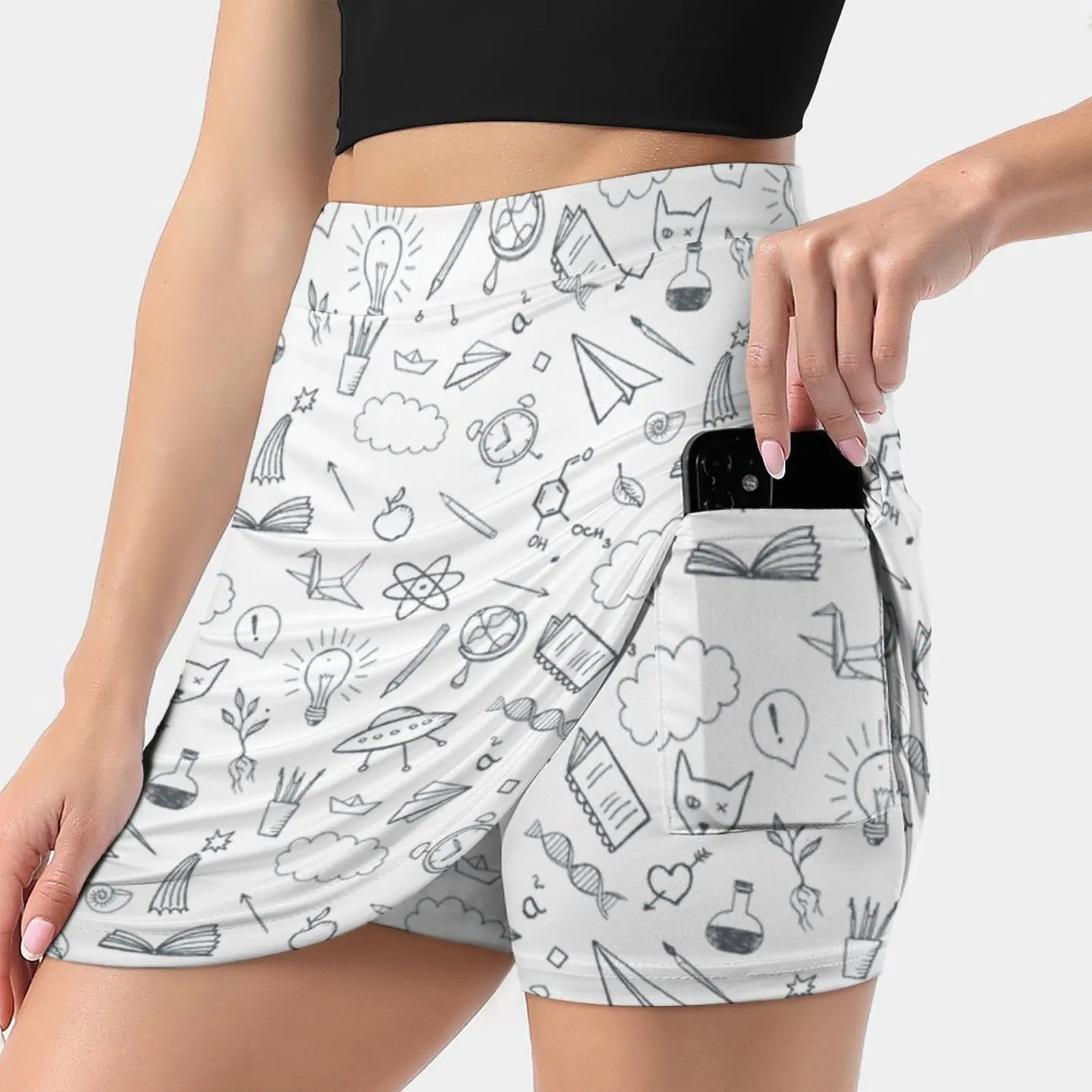 Back To School Themed Seamless Doodle Background. Women's Fashion Sporting Skirt With Pockets Tennis Golf Running Skirts