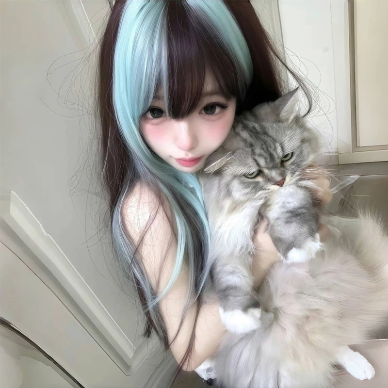 

26inch Synthetic Woman Wigs Lolita Wigs Hair Mint Green Highlights Full Head Wig Natural Straight Hair for Woman Cosplay Use