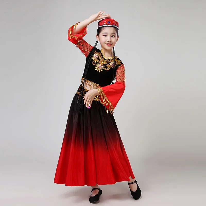 Chinese Ethnic Xinjiang Dance Costume Children Vintage Tiben Dance Dress for Stage Girl National Folk Dancewear Performance