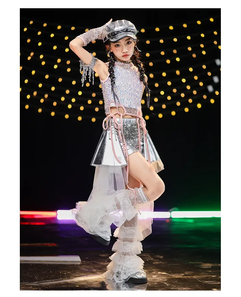 Neues Jazz-Tanzkostüm für Kinder, Mädchen-Streetdance-Paillettenweste, Lederhose, Rock, Bühnenkostüm für Auftritte – Detail 10