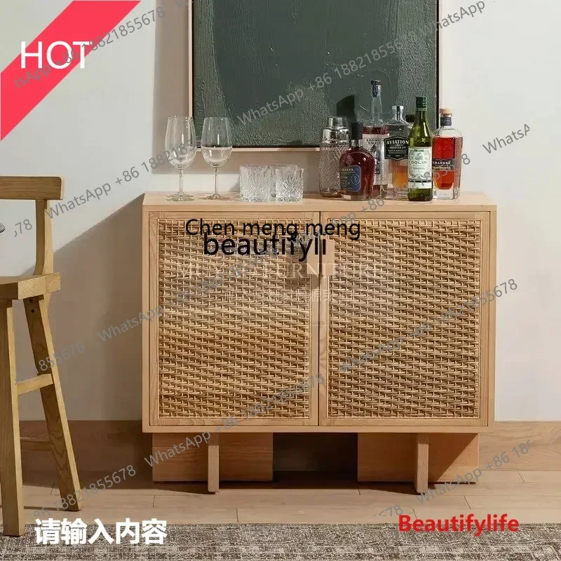 New style NN American solid wood dining side cabinet natural rattan multi-functional tea cabinet living room log color door cabi