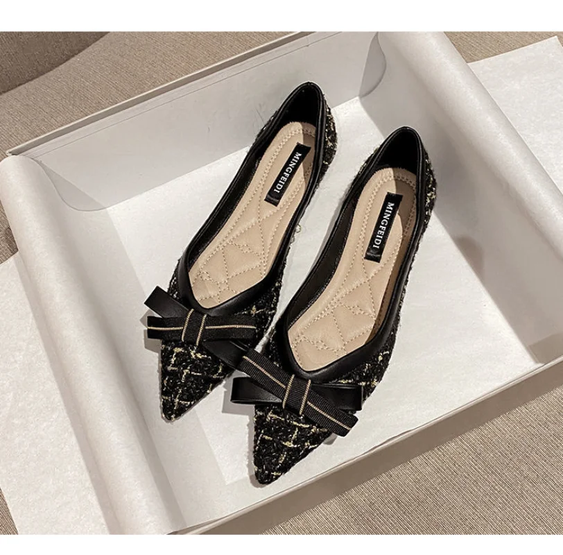 Comemore Pointed Toe Flat Shoes for Women Shallow Black Sweet Bowknot Slip on Female Shoes Party Footwear black Zapatos Mujer 40