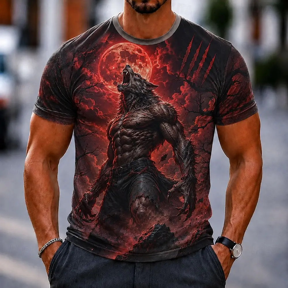 Men's Spring Summer 3D Printed Crew Neck Tee, Red Blood Moon Cloud Muscular Wolf Claw Dark Fantasy Top