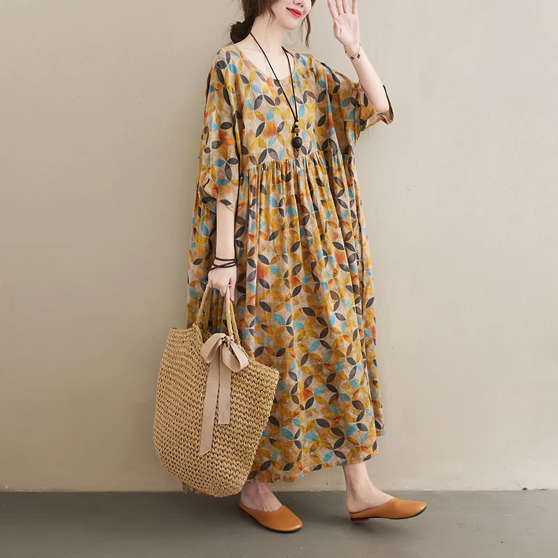 スリムプラスサイズ夏新作ヴィンテージルーズレディースワンピース半袖ロングスカートお腹カバー細見えワンピース