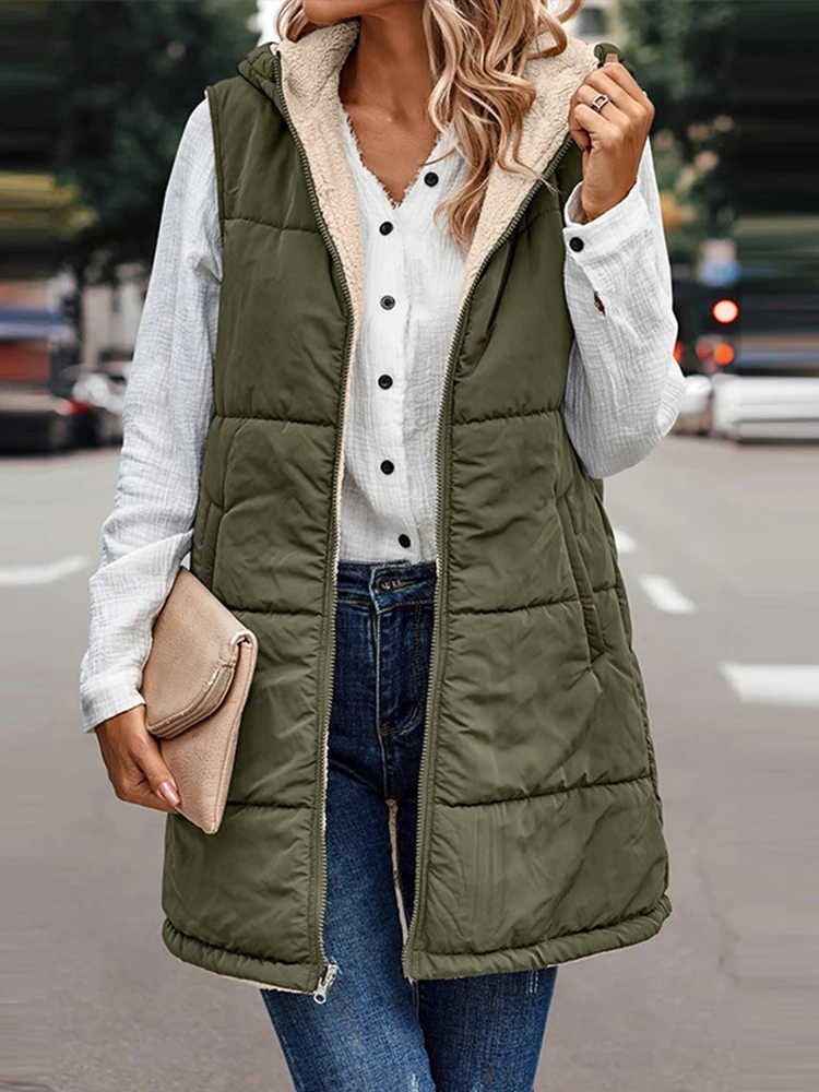 

Women Cotton Vest Reversible Sleeveless Jacket Vests Zip Up Pockets Long Warm Hooded Outerwear Autumn And Winter