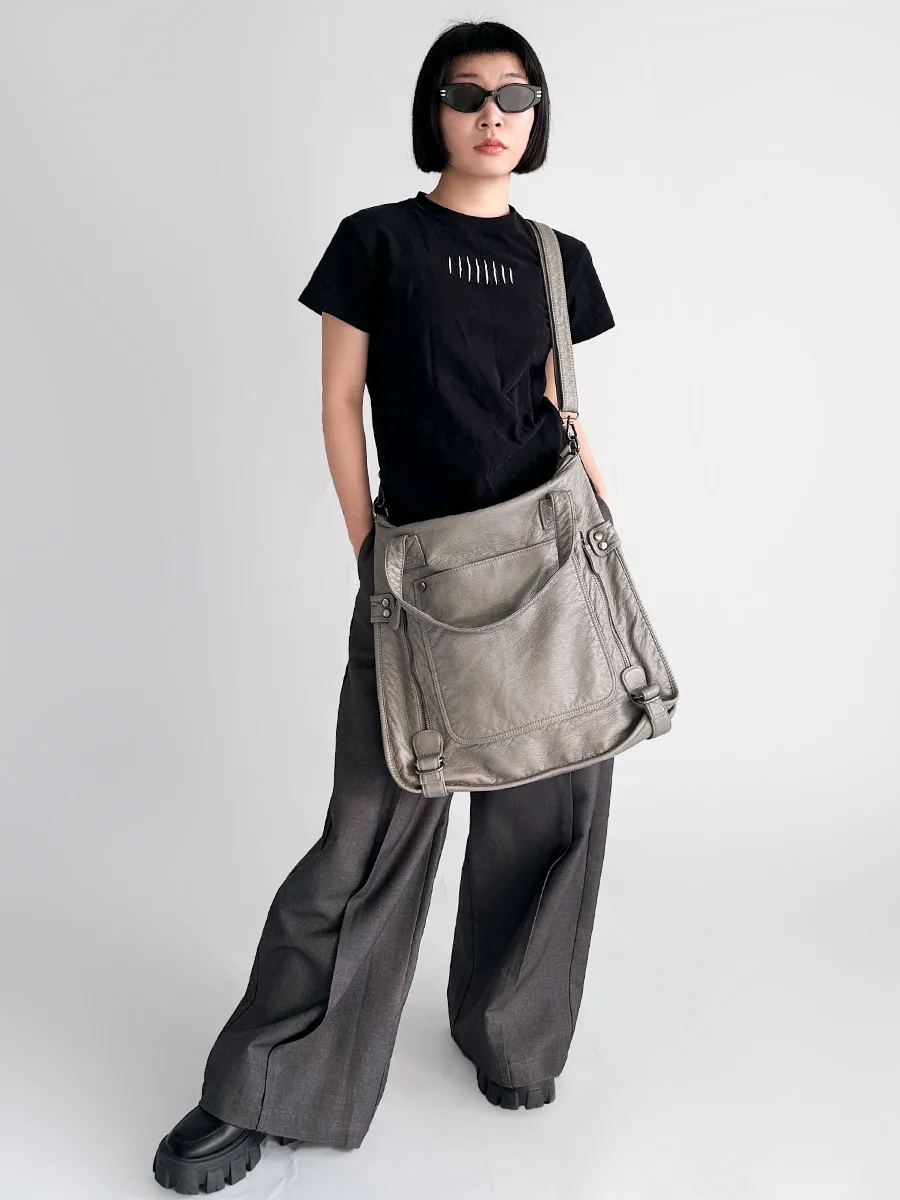 Yau  Tote Bag Large Capacity Soft Leather Vintage Single Shoulder Slant Cross Bag High-End Feeling Zero Degree Grey Moto...