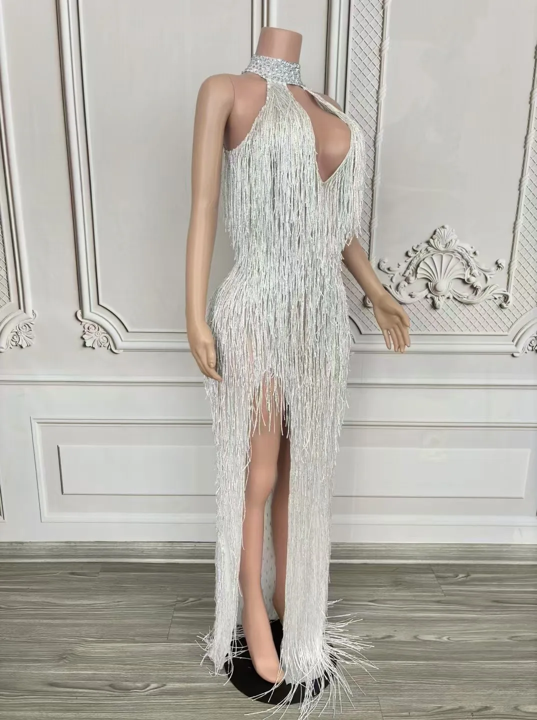 Women Sexy Shiny Crystals Tassel Luxury Long Dress Elegant Prom Gown Evening Club Birthday Wedding Party Singer Stage Costume