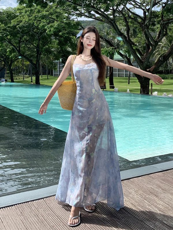 Beachy Island Sle ter Ne Floral Print Maxi Dr Women's Holiday Waist Cinched Gown Summer Soft Fabric A-Line Skirt