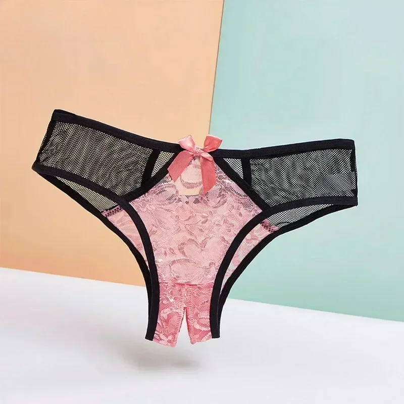 Strings en dentelle à entrejambe ouvert pour femmes, slips bas, culottes à la taille, strings en G transparents, sous-vêtements monochromes avec nœud papillon