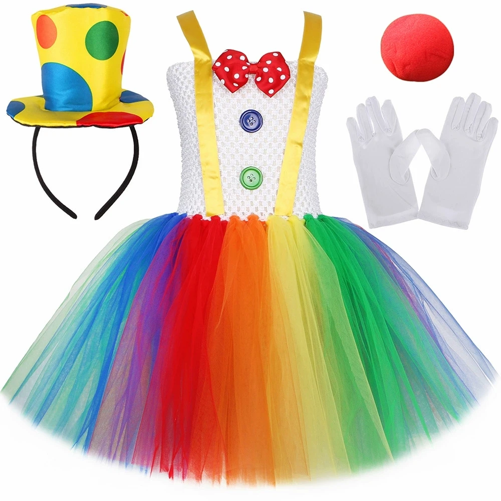 Kids Girls Rainbow Circus Clown Tutu Dress Halloween Carnival Party Costume Set
