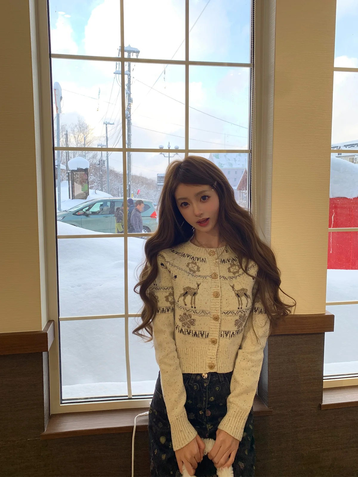 

Cisas Skiing Loose Feel Sweater Cardigan Women's Loose Fit Soft Acrylic Nylon Blend Long Sve Printed Warm Cardigan