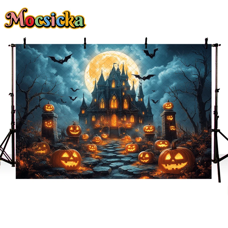 Mocsicka Fall Halloween Backdrop Photography Spooky Castle Moon Pumpkin Decor Cake Smash Kids Portrait Photo Background Studio