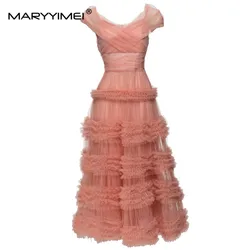 MARYYIMEI Summer Women's dress Sleeveless V-neck Ruched Garment sleeves Elegant Party Ball Gown Cascading Wood ear edge Dresses