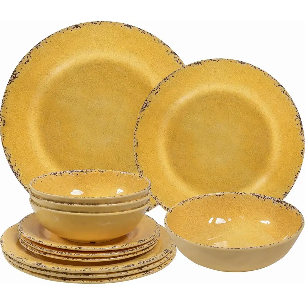 

Набор посуды из меламина в деревенском стиле, 12 предметов: обеденные тарелки, салатники, большие миски, сервировка на 4 персоны, для использования в помещении и на улице, желтый цвет