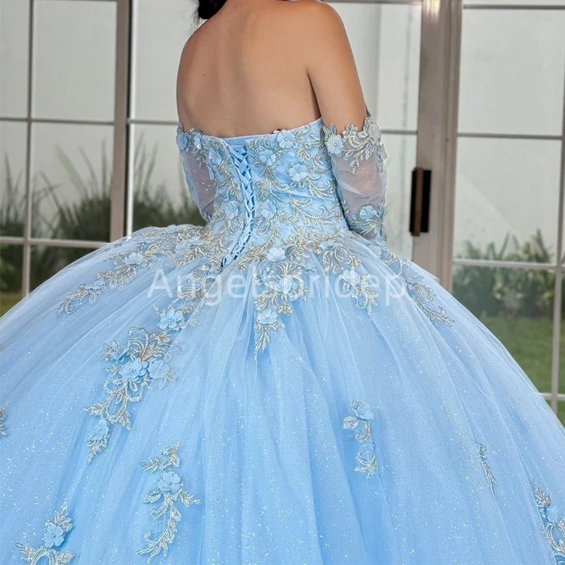 Angelsbride-vestido De baile azul cielo para Quinceañera, Vestidos De Quinceañera De 15, mangas largas, tul brillante, vestido De fiesta De princesa