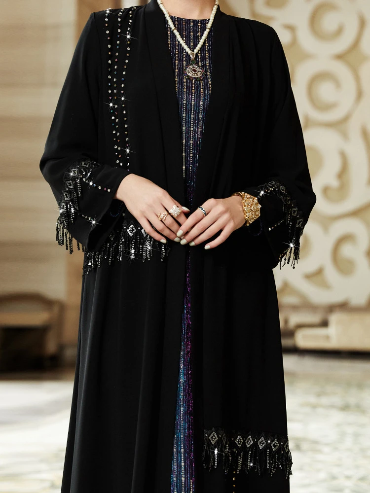 Eid Arab Muslim Party Abayas for Women Dress Tassel Sleeve Jalabiya Long Dresses Kaftan Vestidos Dubai Ramadan Gown Robe 2024