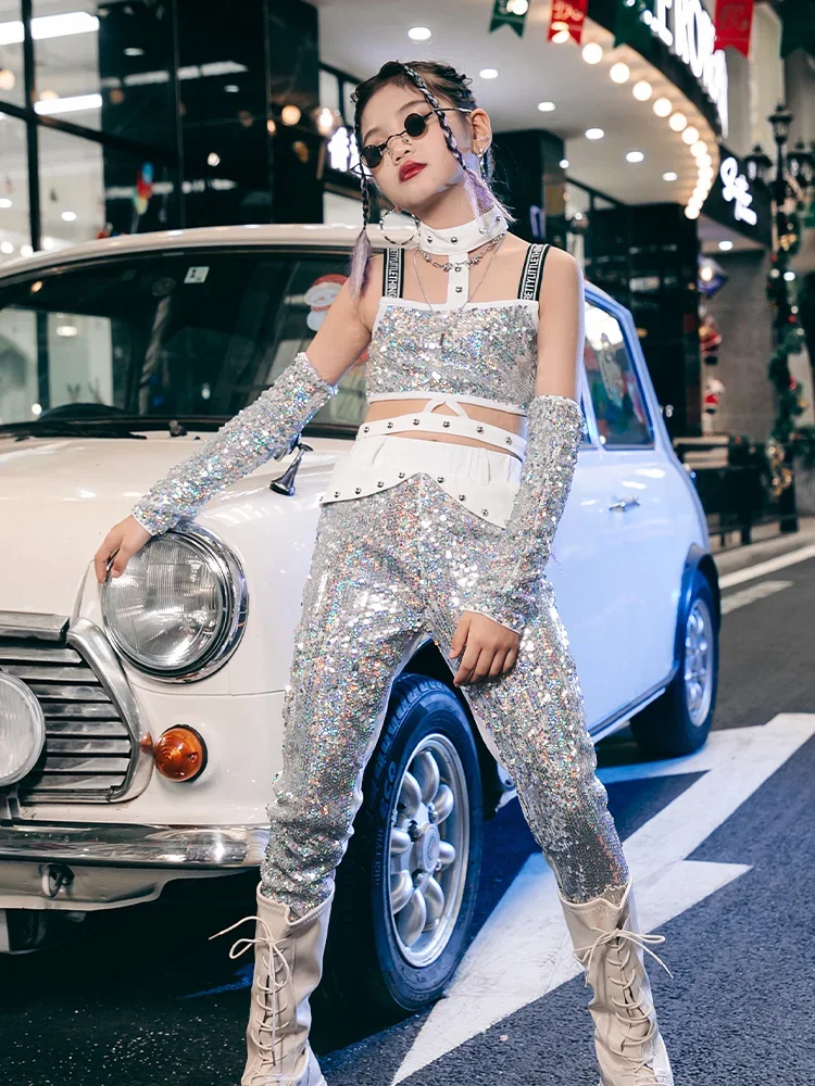 K-Pop Stages Kleidung Weiß Silber Pailletten Kleid Anzug Runway Performance Show Wear Y2K Mädchen Urban Street Dance Jazz Outfits