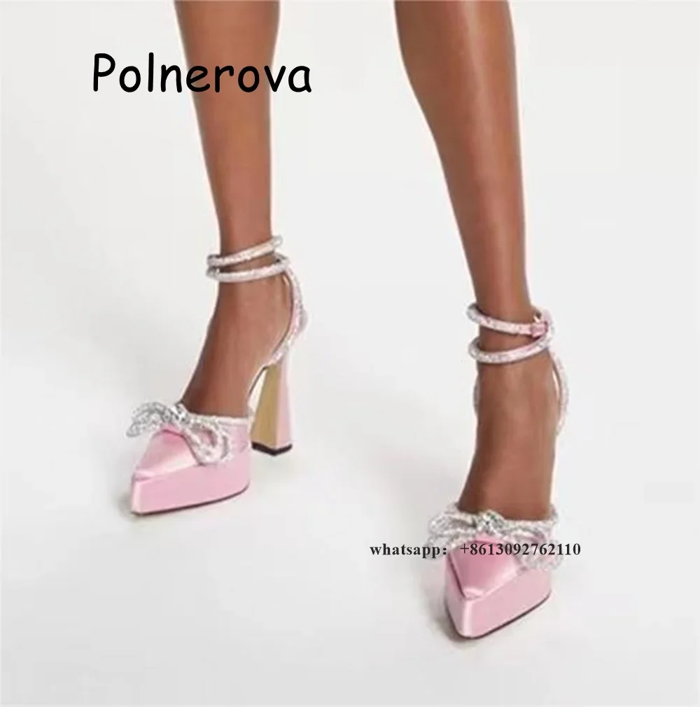 Crystal Butterfly Knot Sandals Pointed Toe Buckle Ankle Wrap Narrow Band High Thin Heels Solid Platform Casual Fashion Women