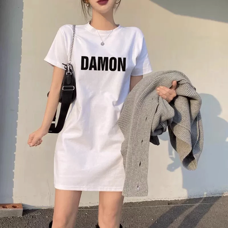 Pure Cotton Slim Fit Women's T-shirt Summer New Korean Version round Neck Mid-Length Short Sleeve Top Butt Covering Ins Style
