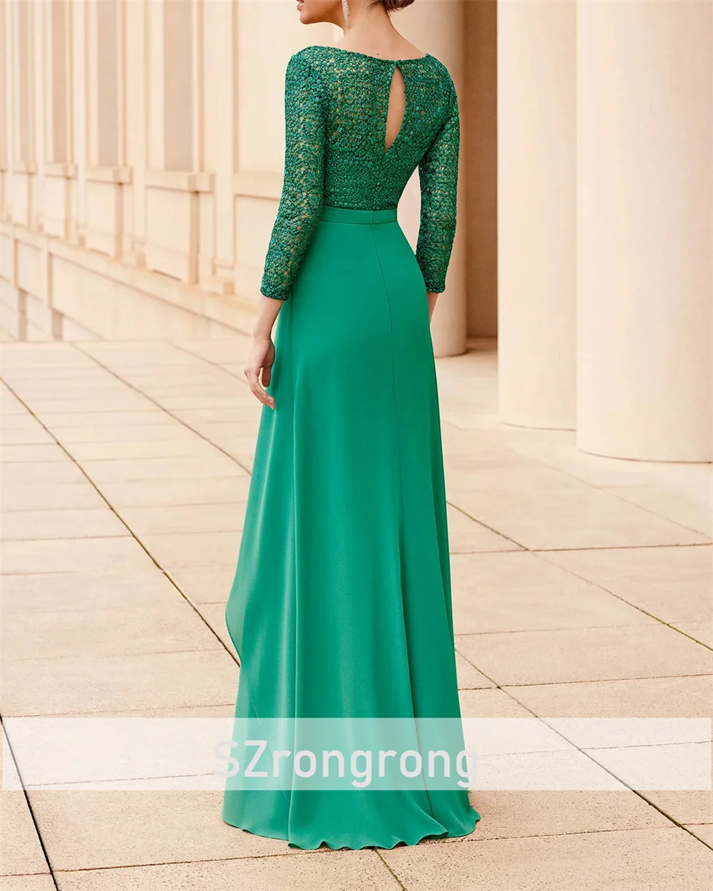 Abito da sera con corsetto con paillettes o-collo con maniche a 3/4 Abito da cerimonia per la madre della sposa con volant in chiffon a trapezio lungo fino al pavimento Personalizzato