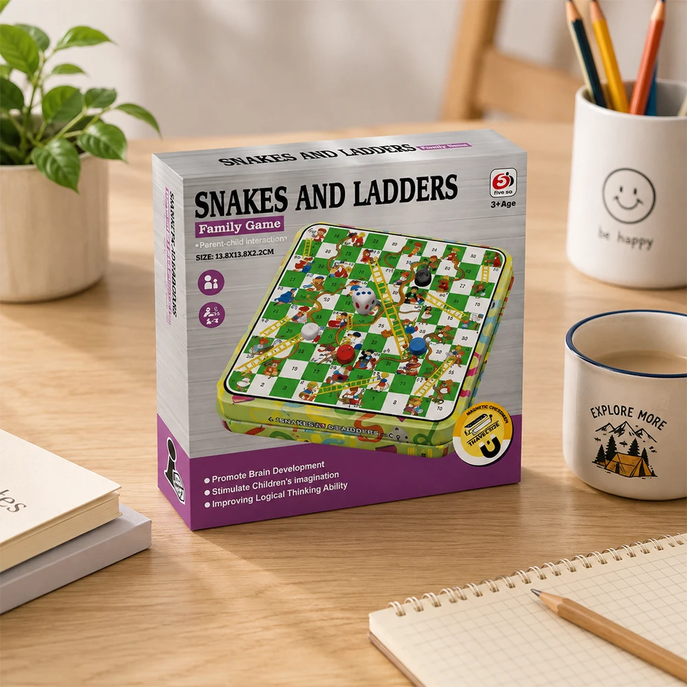 Classic Snakes and Ladders Board Game with Iron Box, Kids Educational Chess Toy, Portable Travel Family Interactive Party Game