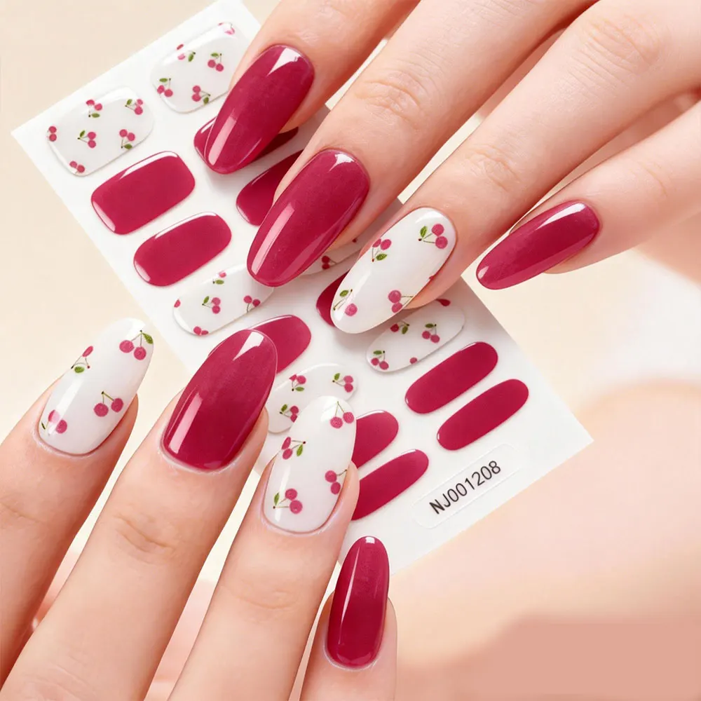 16Tips/Sheet Sweet Red White With Cherry Decor Gel Nail Strips Glossy Uv/Led Lamp Gel Nail Polish Wrap Waterproof Nail Stickers&-image