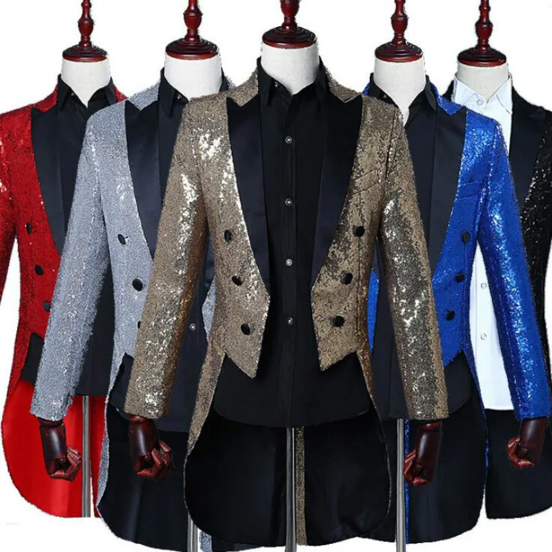 

New Plus Size Men Classic 5 Color Sequin Suit Jackets Lapel Tail Coat Tuxedo Wedding Groom Stage Male Singer Tide Blazers Dress