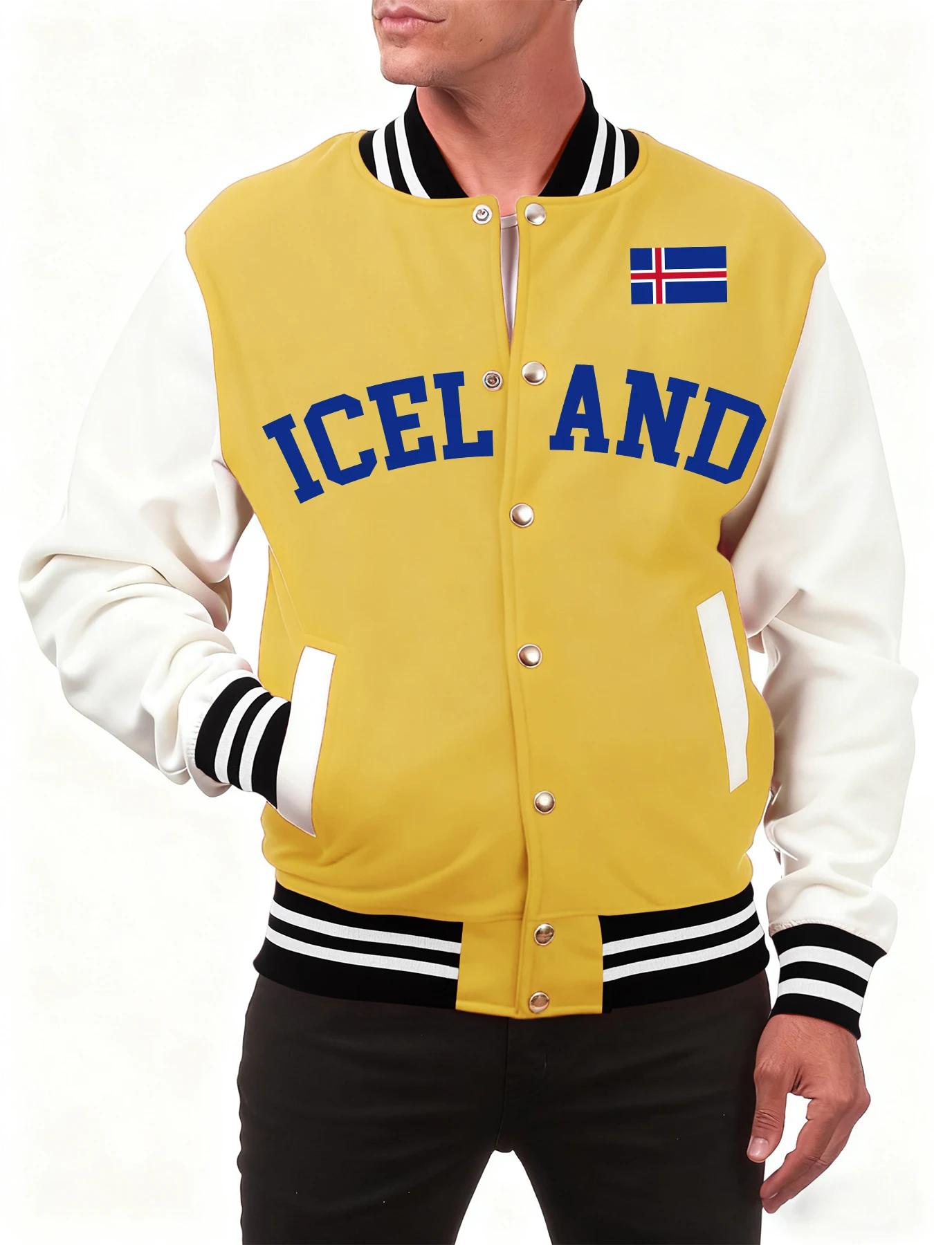 

Iceland National Letter Prints Men Jacket Fashion Fleece Baseball Jersey Button Streetwear Vintage Loose Clothes Autumn Coat