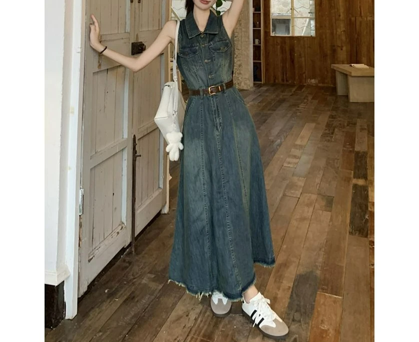 Hochwertiges, elegantes ärmelloses Kleid für Damen – Neues Sommer-Modell mit schmaler Taille und mittellangem Denim-Rock