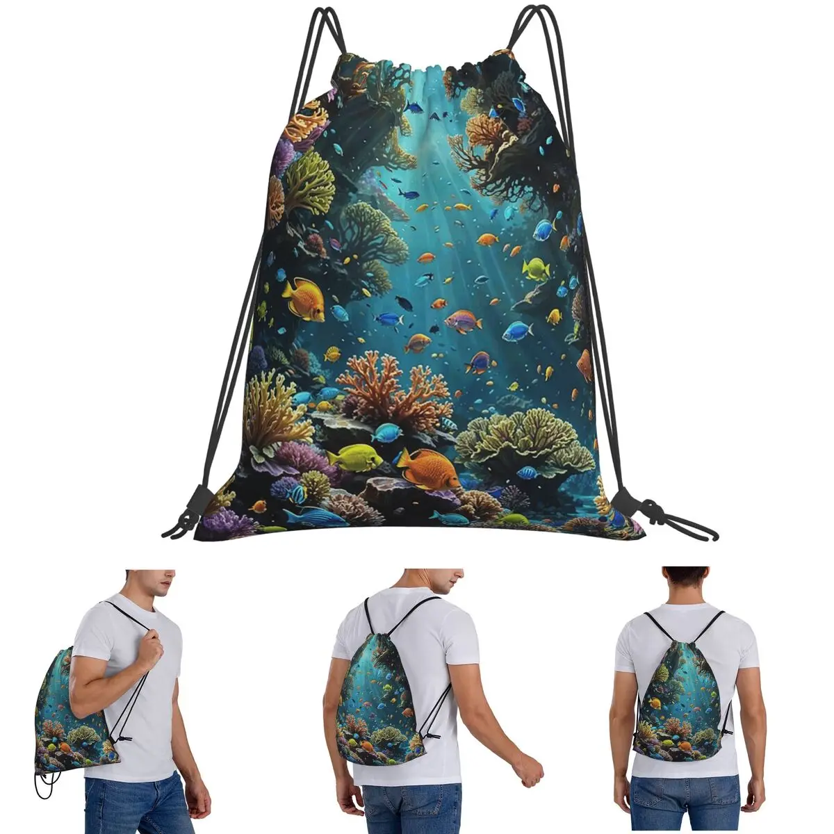 

Underwater Coral Reef Fish Backpacks Fashion Drawstring Bags Storage Bag Book Bags for Travel School