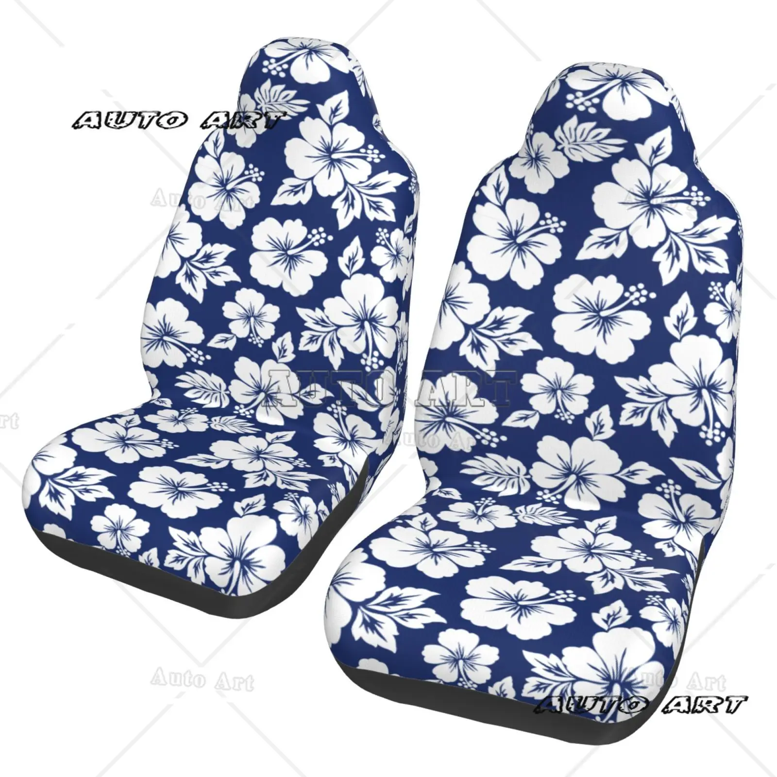 Black with White Hibiscus Hawaiian Flower Pattern Car Seat Cover Seat Cover Protective Cover Unique Style 2PCS Universal Type