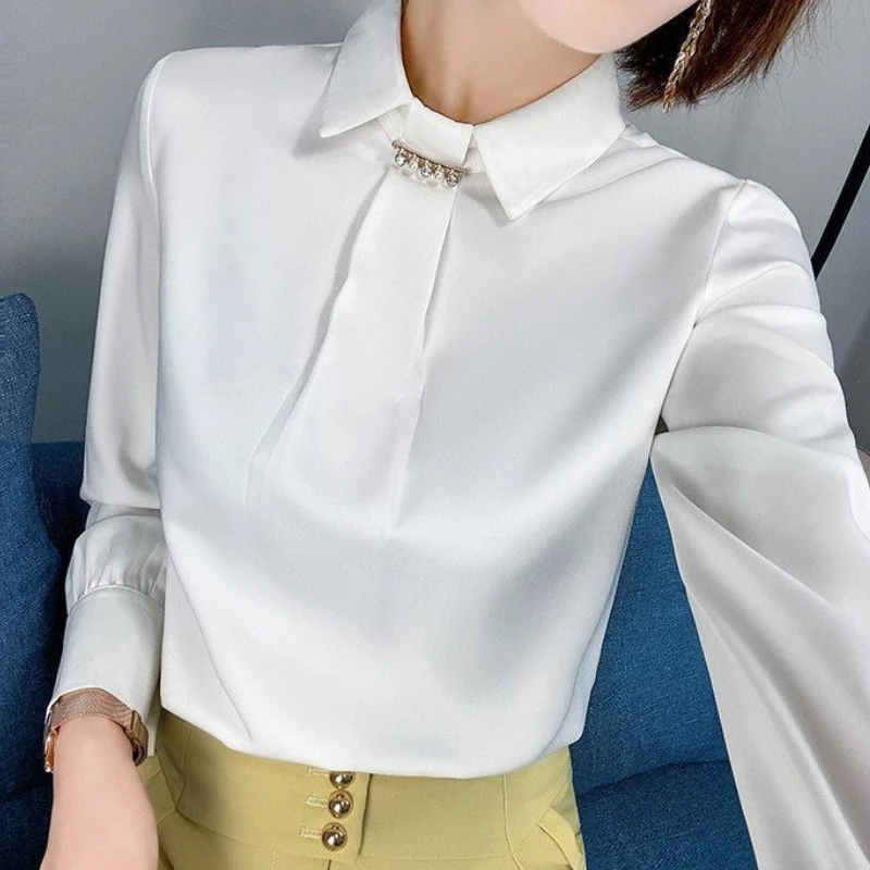 Yellow Beading Stain Shirt Spring Summer Fashion Blouse 2023 Long Sleeve Turn Down Collar Shirt for Female Korean Elegant Shirt