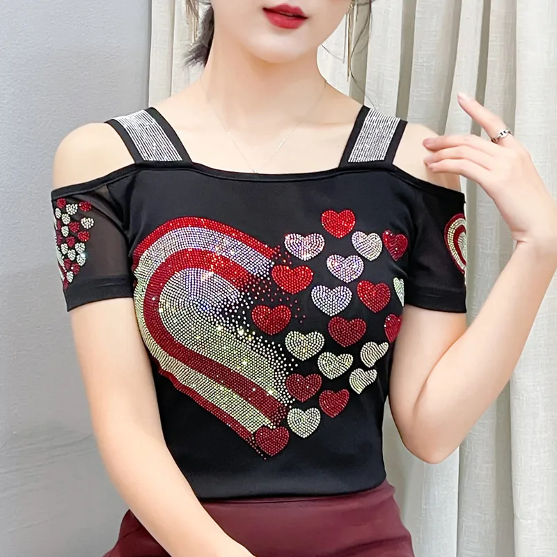 Camisetas de malla de manga corta de alta calidad para mujer, ropa de lujo con corazón de amor y diamantes brillantes, ropa de calle para mujer, Tops de moda