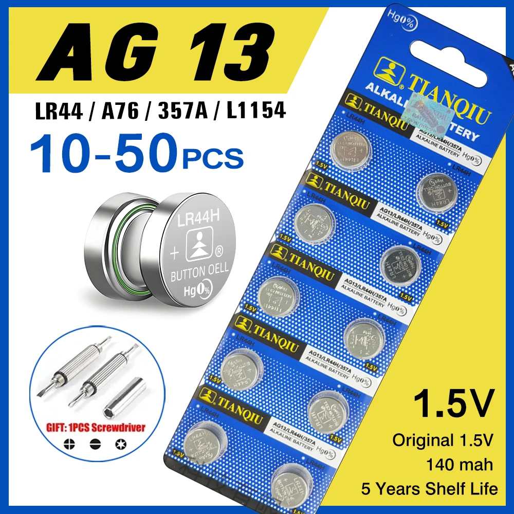 AG13 Button Cell LR44 A76 357 357A LR1154 SR1154 SR44 GP761.55V Button Battery For Watch Car Key Remote Control Electric Toy