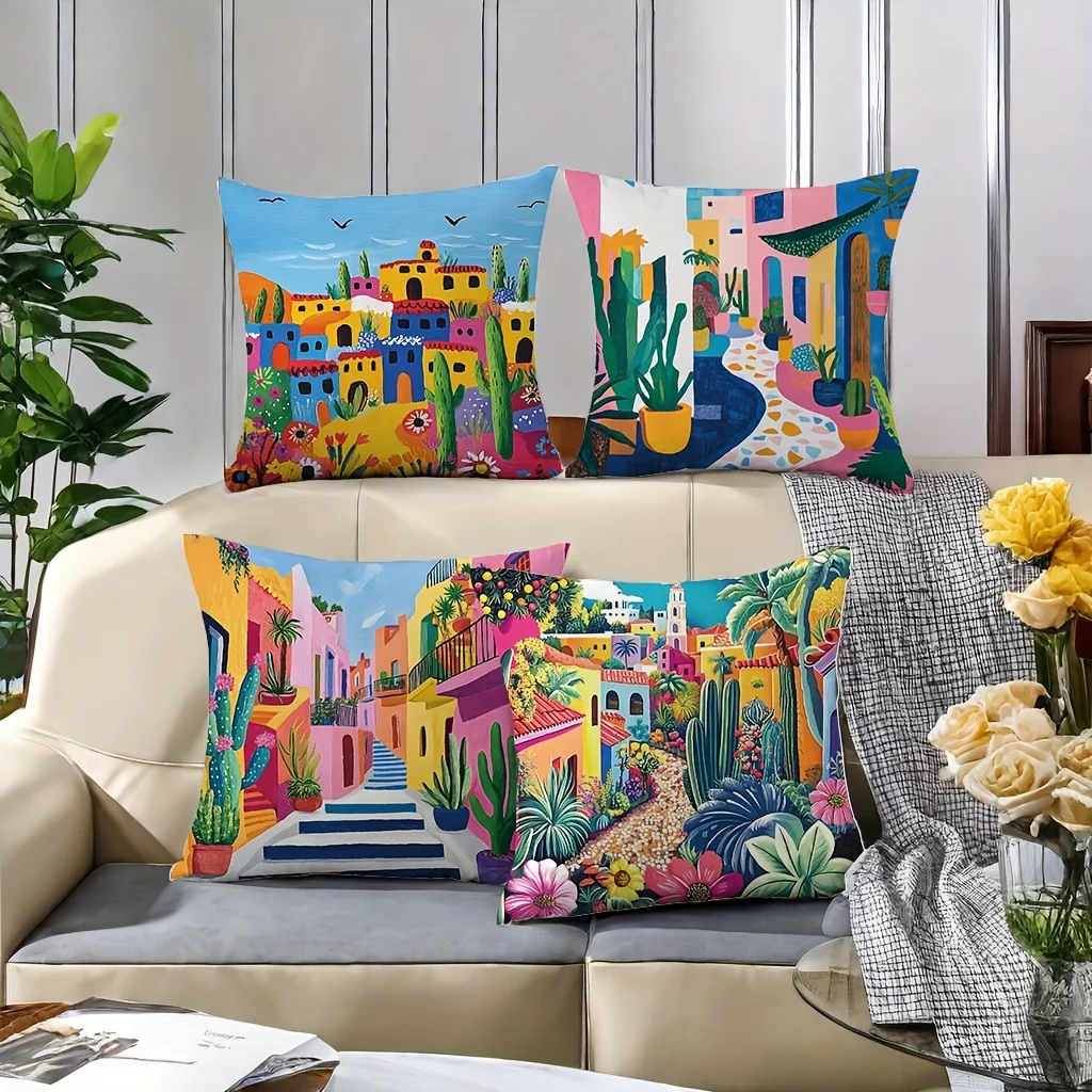Set of 4 Throw Pillow Cases Boho Cactus Art Print Mediterranean Home Decor Cushion Cover 45x45cm Vibrant Fiesta Accent Pillows