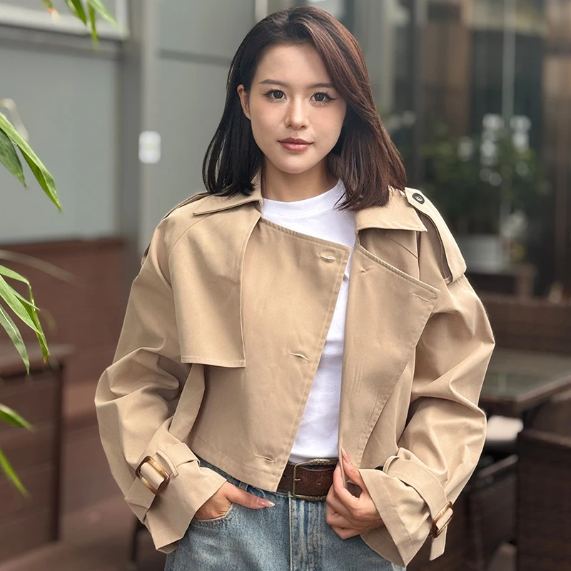 

Spring Autumn Short Windbreaker Jackets Single Breasted Patchwork Women's Trench Coats Lapel Long Sleeve Loose Female Tops Trend