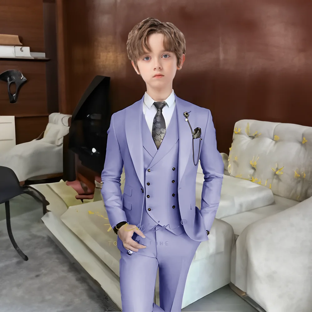 Handsome Violet Prom Party Suits For Boy Slim Fit Peak Lapel Formal Kids Tuxedos 3 Pieces Sets Classic Blazers
