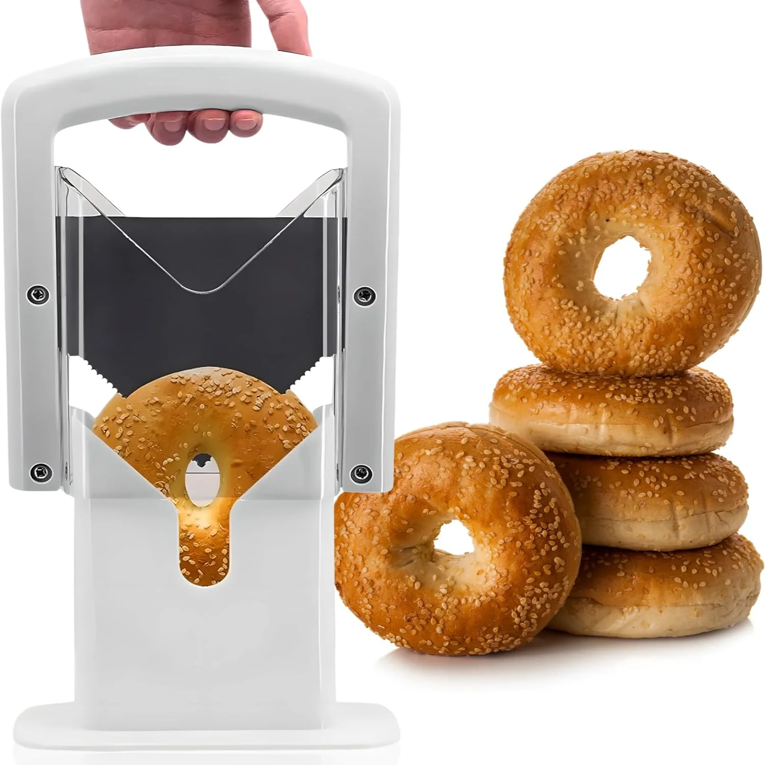 

Bagel Slicer, White, Stainless Steel, Adjustable Blade, Ergonomic Design, for and Commercial Use