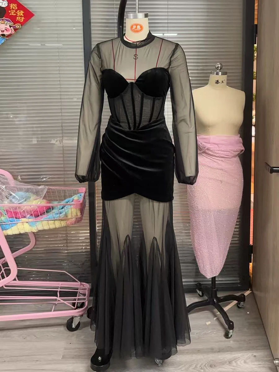 Ziml temperamento sólido sheer vestidos de emagrecimento para mulheres gola manga longa cintura alta sexy moda vestido estilo feminino novo