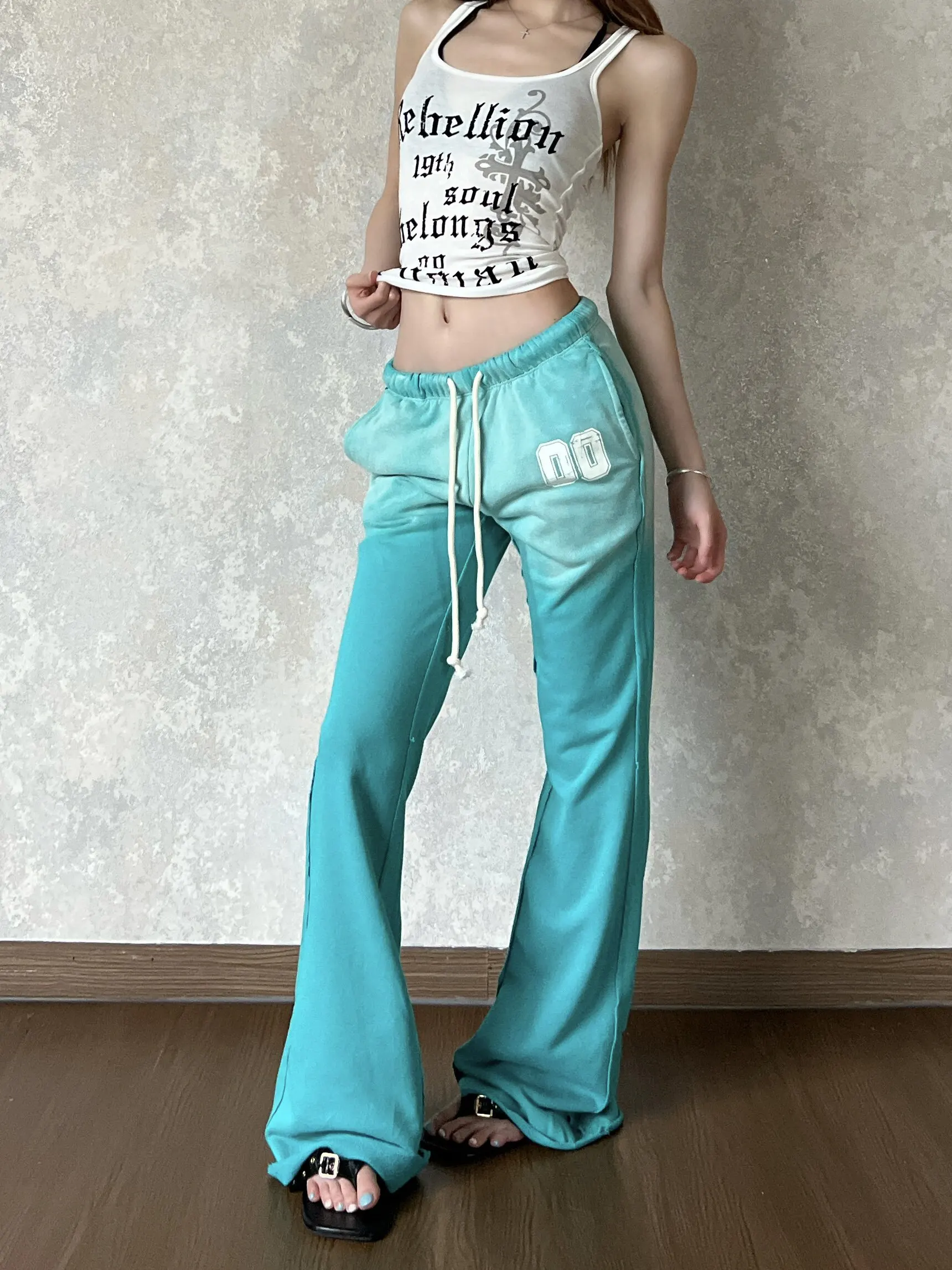 American Streetwear Retro Low Waist Drawstring Flared Casual Pants Men Women Spring Autumn Loose Slimming Hot Girl Sports Lon...