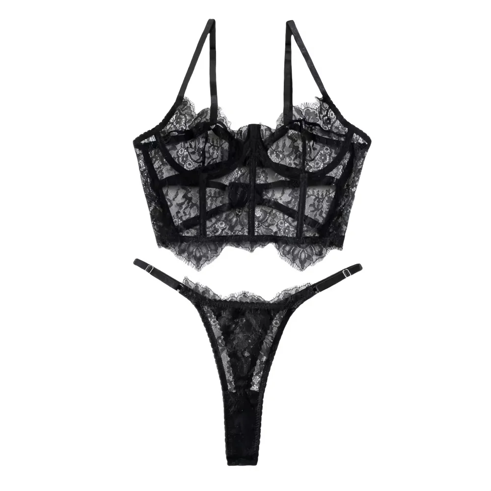 Krasapt-Ensemble de lingerie sexy en dentelle florale pour femmes, bustier, soutien-gorge, ensembles brefs, sous-vêtements transparents, dentelle