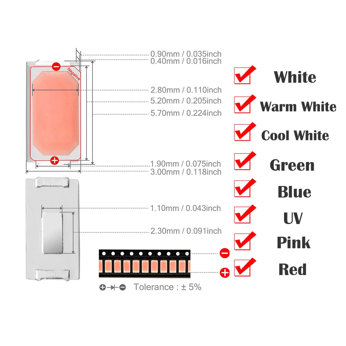 100pcs SMD 5730 (5630) LED Emitting Diode Lamp Chip Warm Cool White Red Green Blue Yellow Orange Pink 0.1W 0.2W 0.5W Light Beads