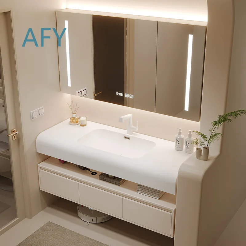 New Cream Hotel Style Integrated Basin Bathroom Vanity Cabinet for Washbasin Toilet Combo with Modern Skin Finish