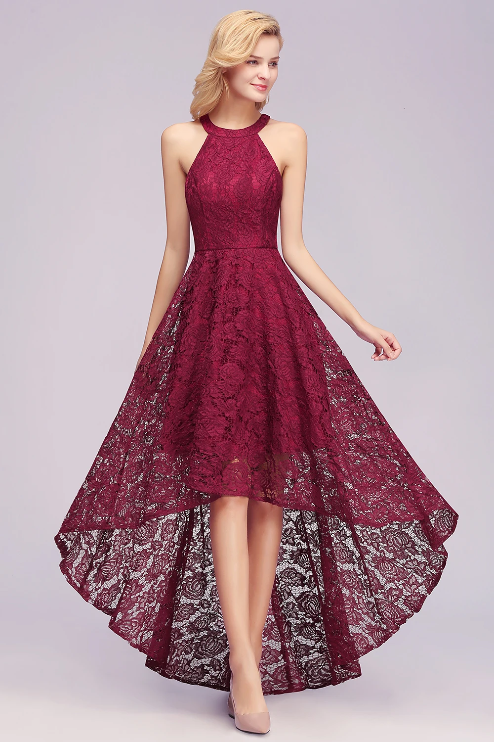 Plus Size Burgundy High Low Lace Mother of the Bride Long Sleeveless Wedding Evening Gown Vestido De Festa Longo Formal Occasion