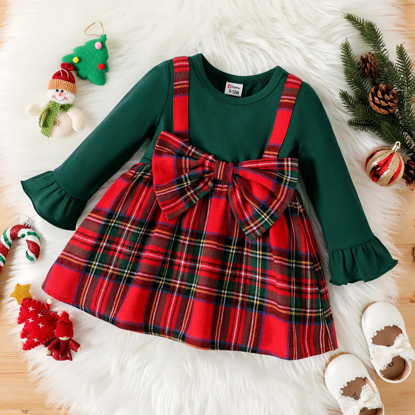 PatPat Baby Girl Solid Long-sleeve Spliced Red Plaid Bow Front Dress Perfect for Outings and Daily Wear Basic Style Christmas